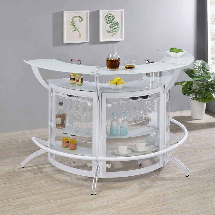 Dallas 2-shelf Curved Home Bar White and Frosted Glass (Set of 3) - Premium Bar from Coaster Z2 Standard - Just $870! Shop now at Furniture Wholesale Plus  We are the best furniture store in Nashville, Hendersonville, Goodlettsville, Madison, Antioch, Mount Juliet, Lebanon, Gallatin, Springfield, Murfreesboro, Franklin, Brentwood