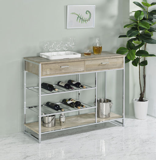 Melrose 2-shelf Wine Cabinet with 2 Drawers Gray Washed Oak and Chrome - Premium Wine Cabintet from Coaster Z2 Standard - Just $298! Shop now at Furniture Wholesale Plus  We are the best furniture store in Nashville, Hendersonville, Goodlettsville, Madison, Antioch, Mount Juliet, Lebanon, Gallatin, Springfield, Murfreesboro, Franklin, Brentwood