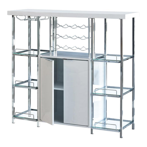 Gallimore 2-door Bar Cabinet with Glass Shelf High Glossy White and Chrome - Premium Wine Cabintet from Coaster Z2 Standard - Just $398! Shop now at Furniture Wholesale Plus  We are the best furniture store in Nashville, Hendersonville, Goodlettsville, Madison, Antioch, Mount Juliet, Lebanon, Gallatin, Springfield, Murfreesboro, Franklin, Brentwood