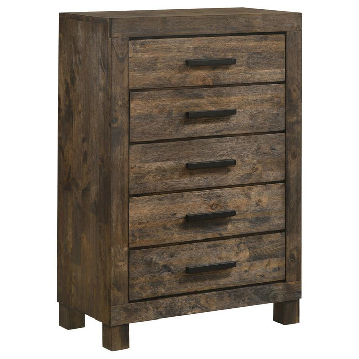 Woodmont - 5-Drawer Bedroom Chest - Rustic Golden Brown – Accent Chests by CoasterEveryday at Furniture Wholesale Plus , Nashville furniture store