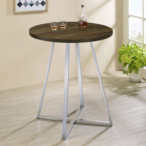 Burkhart Sled Base Round Bar Table Brown Oak and Chrome - Premium Counter Height Table from Coaster Z2 Standard - Just $258! Shop now at Furniture Wholesale Plus  We are the best furniture store in Nashville, Hendersonville, Goodlettsville, Madison, Antioch, Mount Juliet, Lebanon, Gallatin, Springfield, Murfreesboro, Franklin, Brentwood