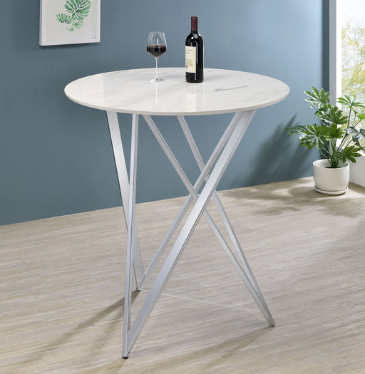 Bexter Faux Marble Round Top Bar Table White and Chrome - Premium Counter Height Table from Coaster Z2 Standard - Just $270! Shop now at Furniture Wholesale Plus  We are the best furniture store in Nashville, Hendersonville, Goodlettsville, Madison, Antioch, Mount Juliet, Lebanon, Gallatin, Springfield, Murfreesboro, Franklin, Brentwood