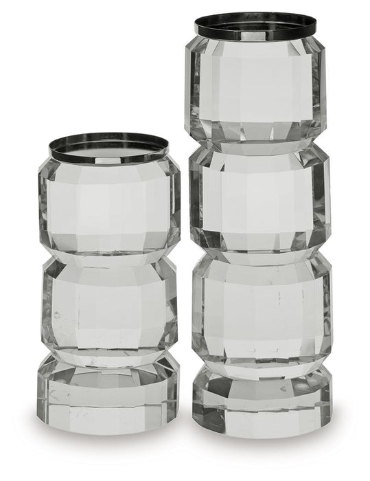 Brentley - Candle Holder Set (Set of 2) - Clear / Silver Finish – Candles & Holders by Signature Design by Ashley® at Furniture Wholesale Plus , Nashville furniture store