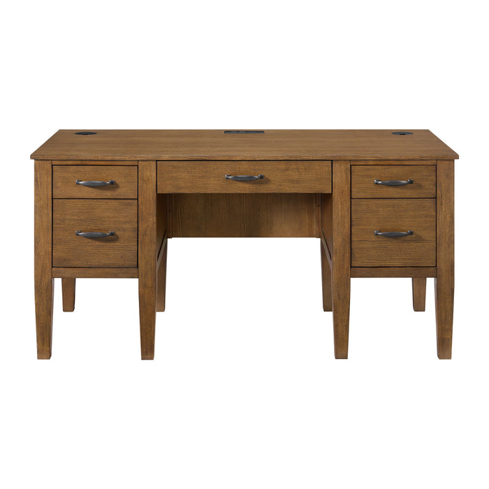 Portico - Half Pedestal Desk With Power / USB - Brown Oak – Writing Desks by Elements International at Furniture Wholesale Plus , Nashville furniture store