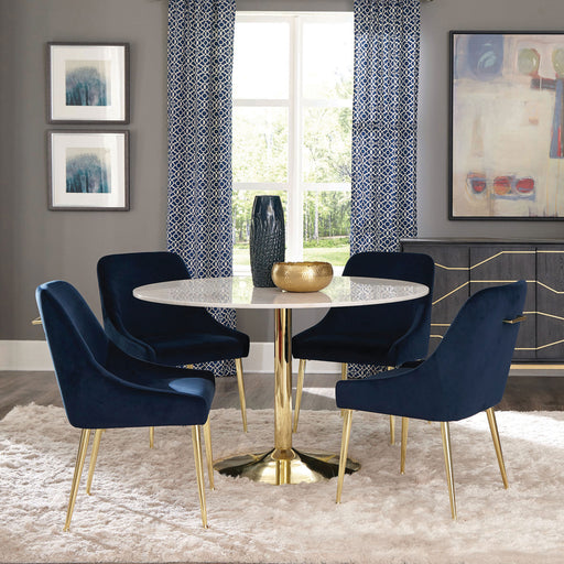 Kella 5-piece Round Marble Top Dining Set Blue and Gold - Premium Dining Room Set from Coaster Z2 Standard - Just $1478! Shop now at Furniture Wholesale Plus  We are the best furniture store in Nashville, Hendersonville, Goodlettsville, Madison, Antioch, Mount Juliet, Lebanon, Gallatin, Springfield, Murfreesboro, Franklin, Brentwood