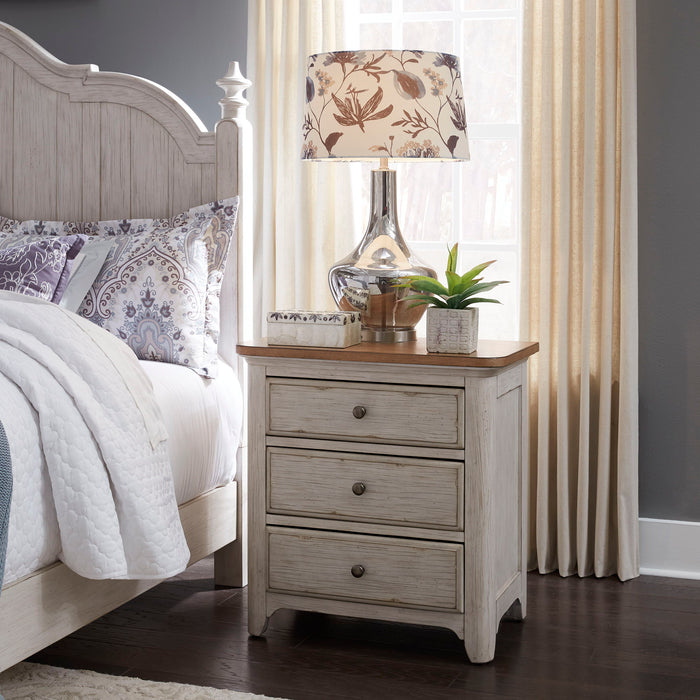 Farmhouse Reimagined - 3 Drawer Nightstand With Charging Station - Antique White / Chestnut Tops – Nightstands w/ Charging Stations by Liberty Furniture at Furniture Wholesale Plus , Nashville furniture store