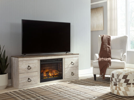 Willowton - 2 Pc. - TV Stand with Faux Firebrick Fireplace Insert - Whitewash – Fireplace TV Stands by Signature Design by Ashley® at Furniture Wholesale Plus , Nashville furniture store