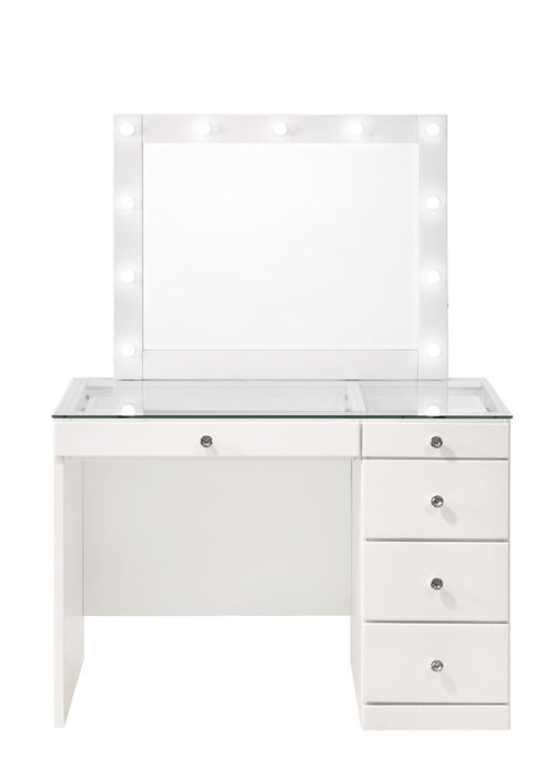 Morgan - Vanity Desk With Glass Top, LED Luxo Mirror & Stool - White – Vanity Sets by Crown Mark at Furniture Wholesale Plus , Nashville furniture store