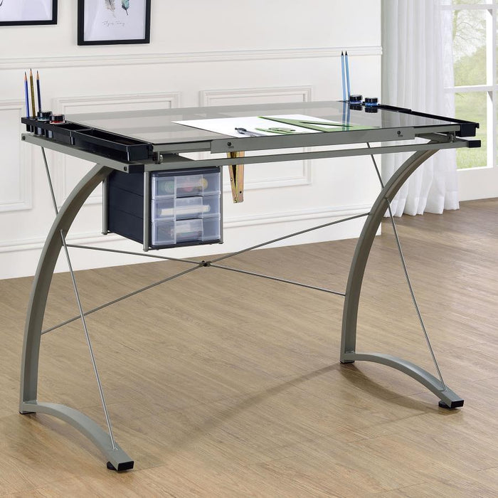 Melo - Glass Top Drafting Table With Storage - Silver – Writing Desks by CoasterEveryday at Furniture Wholesale Plus , Nashville furniture store