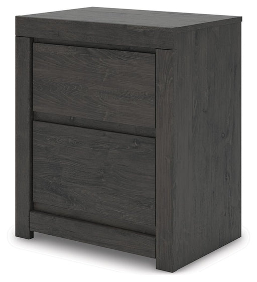 Fraluna - Two Drawer Night Stand - Charcoal – Nightstands w/ Charging Stations by Signature Design by Ashley® at Furniture Wholesale Plus , Nashville furniture store