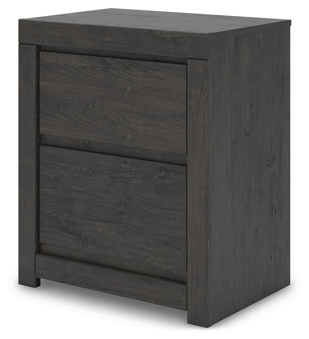 Fraluna - Two Drawer Night Stand - Charcoal – Nightstands w/ Charging Stations by Signature Design by Ashley® at Furniture Wholesale Plus , Nashville furniture store