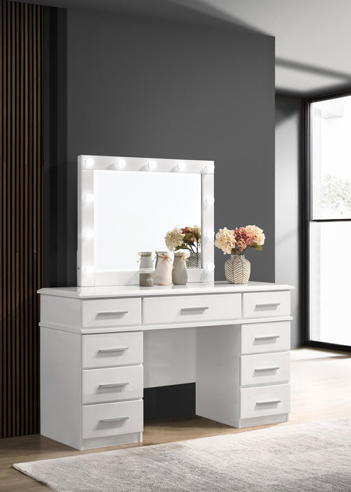 Felicity 9-drawer Vanity Desk with Lighted Mirror Glossy White - Premium Vanity Set from Coaster Z2 Standard - Just $958! Shop now at Furniture Wholesale Plus  We are the best furniture store in Nashville, Hendersonville, Goodlettsville, Madison, Antioch, Mount Juliet, Lebanon, Gallatin, Springfield, Murfreesboro, Franklin, Brentwood