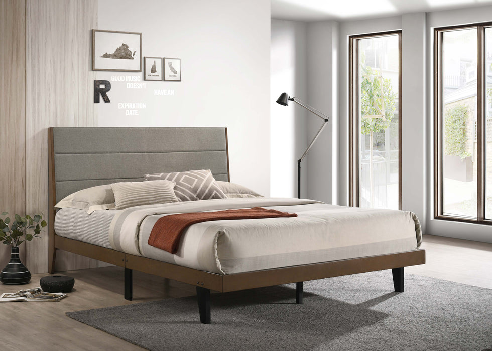 Mays Upholstered Platform Bed Walnut Brown and Grey - Premium Bed from Coaster Z2 Standard - Just $270! Shop now at Furniture Wholesale Plus  We are the best furniture store in Nashville, Hendersonville, Goodlettsville, Madison, Antioch, Mount Juliet, Lebanon, Gallatin, Springfield, Murfreesboro, Franklin, Brentwood