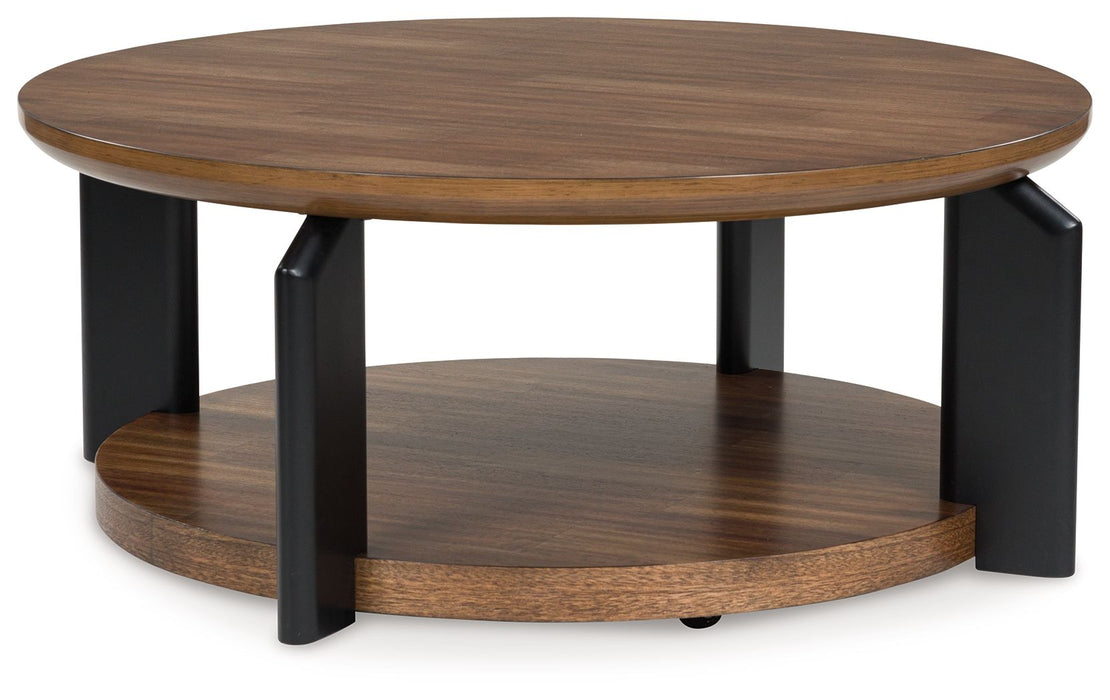 Kraeburn - Round Cocktail Table - Brown / Black – Coffee Tables by Signature Design by Ashley® at Furniture Wholesale Plus , Nashville furniture store