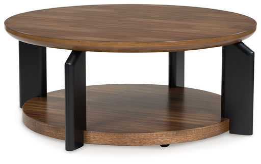Kraeburn - Round Cocktail Table - Brown / Black – Coffee Tables by Signature Design by Ashley® at Furniture Wholesale Plus , Nashville furniture store