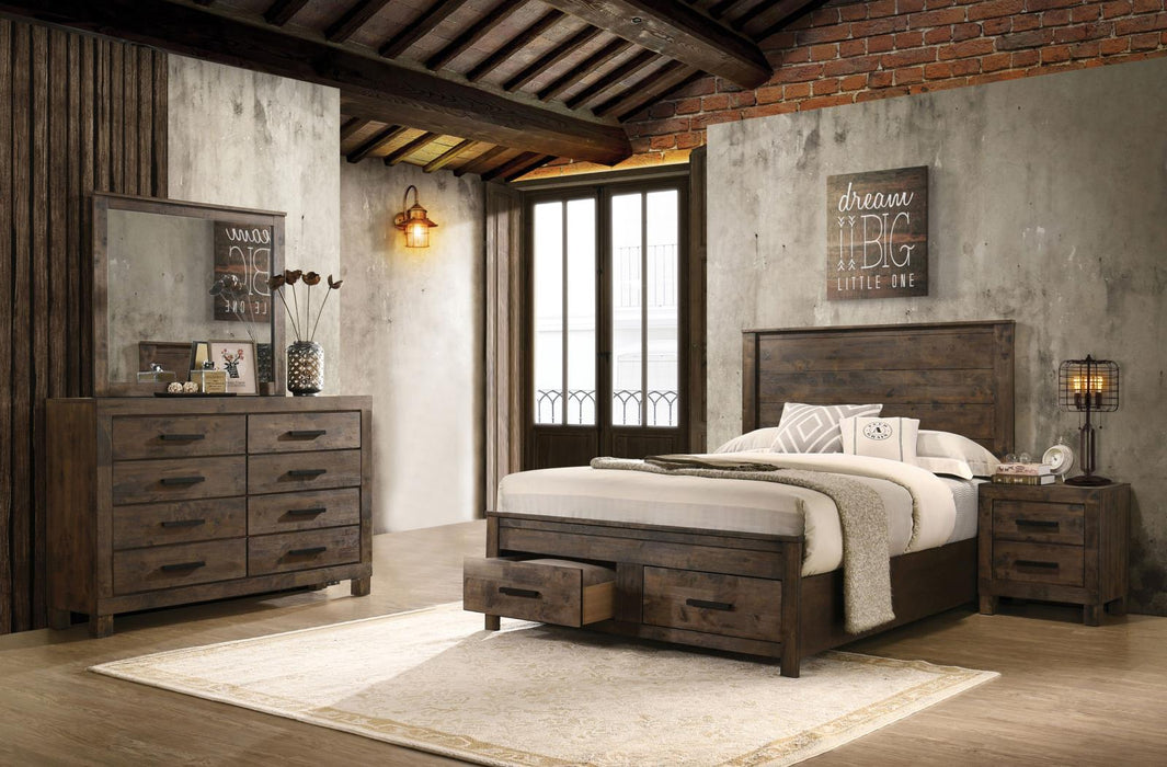 Woodmont 4-piece Eastern King Platform Bedroom Set Rustic Golden Brown - Premium Bedroom Set from Coaster Z2 Standard - Just $1610! Shop now at Furniture Wholesale Plus  We are the best furniture store in Nashville, Hendersonville, Goodlettsville, Madison, Antioch, Mount Juliet, Lebanon, Gallatin, Springfield, Murfreesboro, Franklin, Brentwood