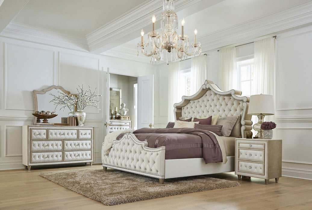 Antonella 5-Piece Queen Upholstered Tufted Bedroom Set Ivory and Camel - Premium Bedroom Set from Coaster Z2 Standard - Just $2998! Shop now at Furniture Wholesale Plus  We are the best furniture store in Nashville, Hendersonville, Goodlettsville, Madison, Antioch, Mount Juliet, Lebanon, Gallatin, Springfield, Murfreesboro, Franklin, Brentwood