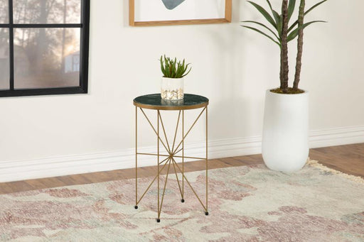 Eliska - Round Green Marble Top Accent Side Table - Antique Gold – Side Tables by CoasterEssence at Furniture Wholesale Plus , Nashville furniture store