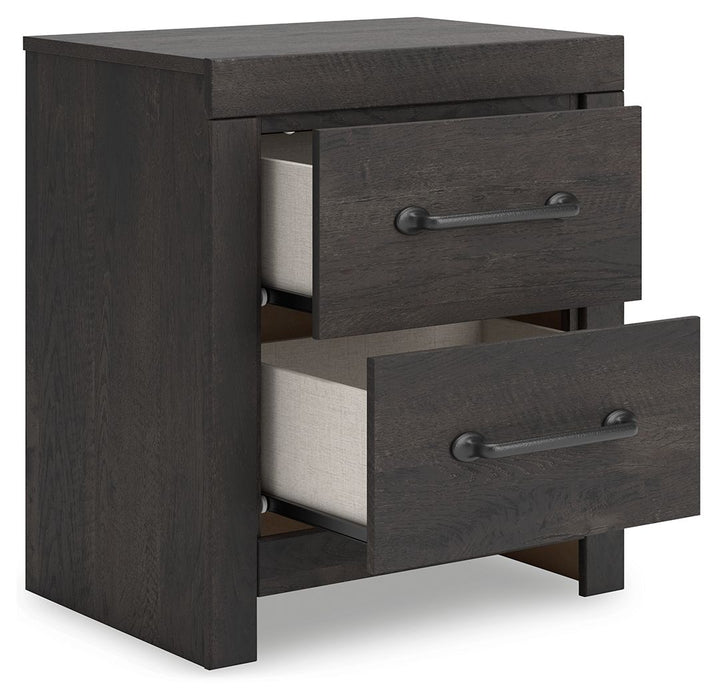 Hollivern - Two Drawer Night Stand - Dark Gray – Nightstands w/ Charging Stations by Signature Design by Ashley® at Furniture Wholesale Plus , Nashville furniture store