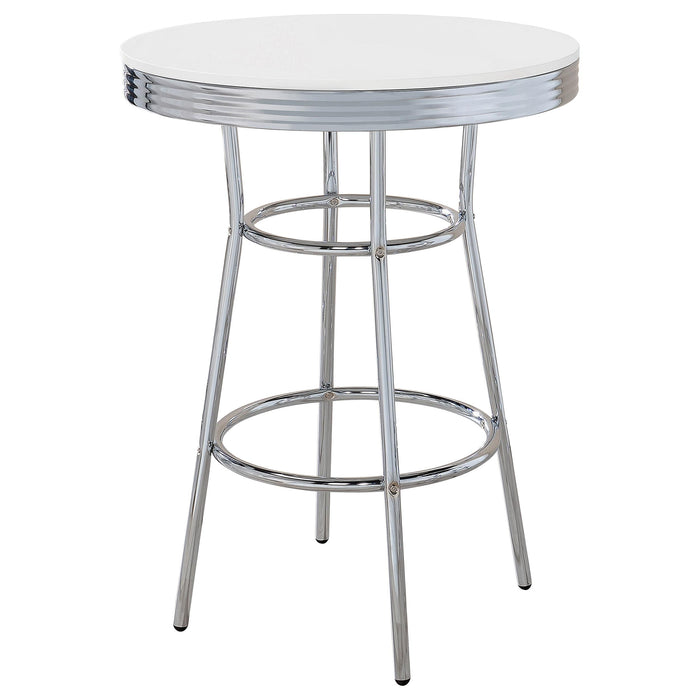 Theodore Round Bar Table Chrome and Glossy White - Premium Counter Height Table from Coaster Z2 Standard - Just $190! Shop now at Furniture Wholesale Plus  We are the best furniture store in Nashville, Hendersonville, Goodlettsville, Madison, Antioch, Mount Juliet, Lebanon, Gallatin, Springfield, Murfreesboro, Franklin, Brentwood