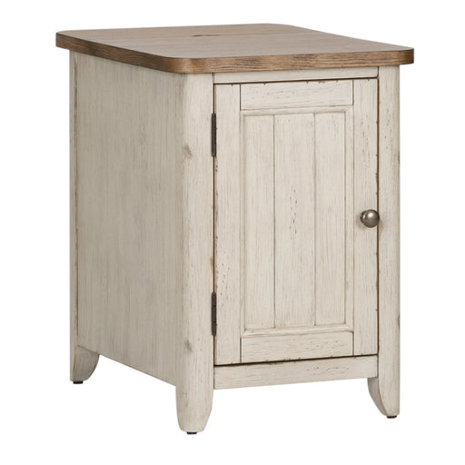 Farmhouse Reimagined - Door Chair Side Table With Charging Station - Antique White / Chestnut Tops – Chair Side Tables by Liberty Furniture at Furniture Wholesale Plus , Nashville furniture store