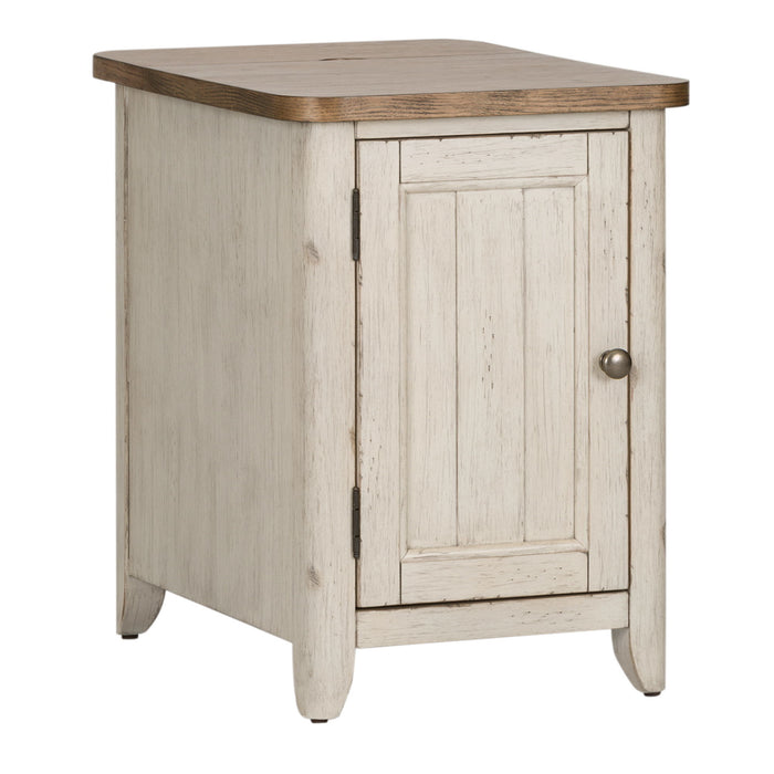 Farmhouse Reimagined - Door Chair Side Table With Charging Station - Antique White / Chestnut Tops – Chair Side Tables by Liberty Furniture at Furniture Wholesale Plus , Nashville furniture store