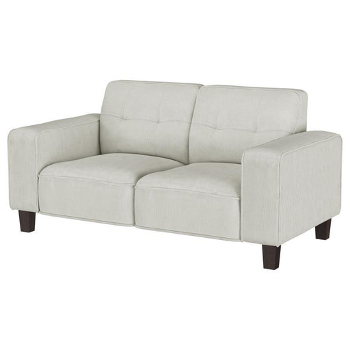 Deerhurst - Upholstered Track Arm Tufted Loveseat - Greige – Stationary Loveseats by Coaster Fine Furniture at Furniture Wholesale Plus , Nashville furniture store