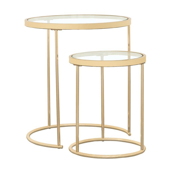 Maylin - 2 Piece Round Glass Top Nesting Table Set - Gold – Nesting Tables by CoasterElevations at Furniture Wholesale Plus , Nashville furniture store