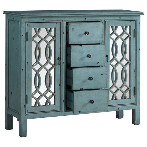 Rue - 4-Drawer Wood Trellis Accent Storage Cabinet - Blue – Accent Cabinets by CoasterEveryday at Furniture Wholesale Plus , Nashville furniture store