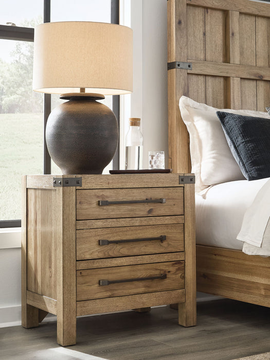 Ridgester - Three Drawer Night Stand - Light Brown – Nightstands w/ Charging Stations by Benchcraft® at Furniture Wholesale Plus , Nashville furniture store