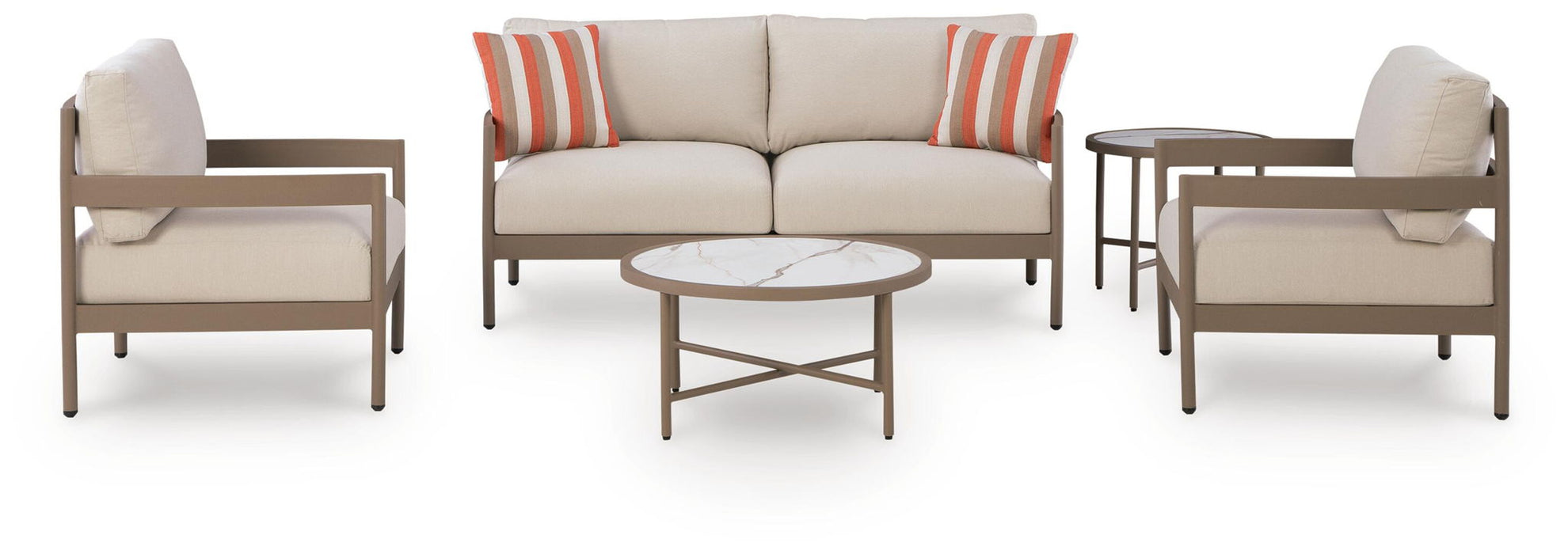 Bluff Trail - Loveseat, Lounge Chairs, Tables Set (Set of 5) - Beige – 5 Piece Outdoor Sets by Signature Design by Ashley® at Furniture Wholesale Plus , Nashville furniture store