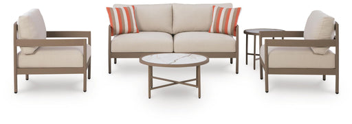 Bluff Trail - Loveseat, Lounge Chairs, Tables Set (Set of 5) - Beige – 5 Piece Outdoor Sets by Signature Design by Ashley® at Furniture Wholesale Plus , Nashville furniture store