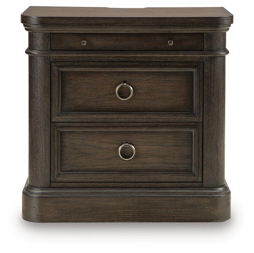 Wickenger - Two Drawer Night Stand - Dark Brown – Nightstands w/ Charging Stations by Signature Design by Ashley® at Furniture Wholesale Plus , Nashville furniture store