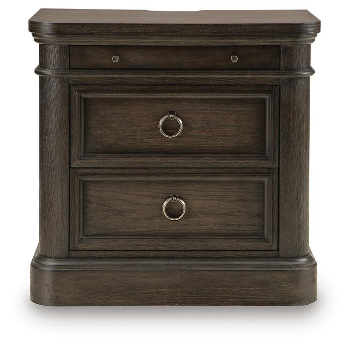 Wickenger - Two Drawer Night Stand - Dark Brown – Nightstands w/ Charging Stations by Signature Design by Ashley® at Furniture Wholesale Plus , Nashville furniture store