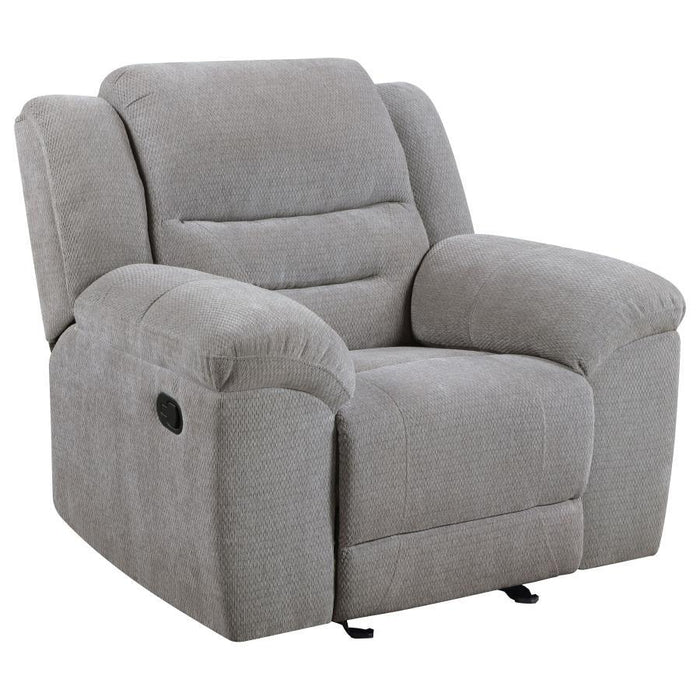 Gilson - Chenille Upholstered Reclining Glider Recliner - Gray – Glider Chairs by Coaster Fine Furniture at Furniture Wholesale Plus , Nashville furniture store