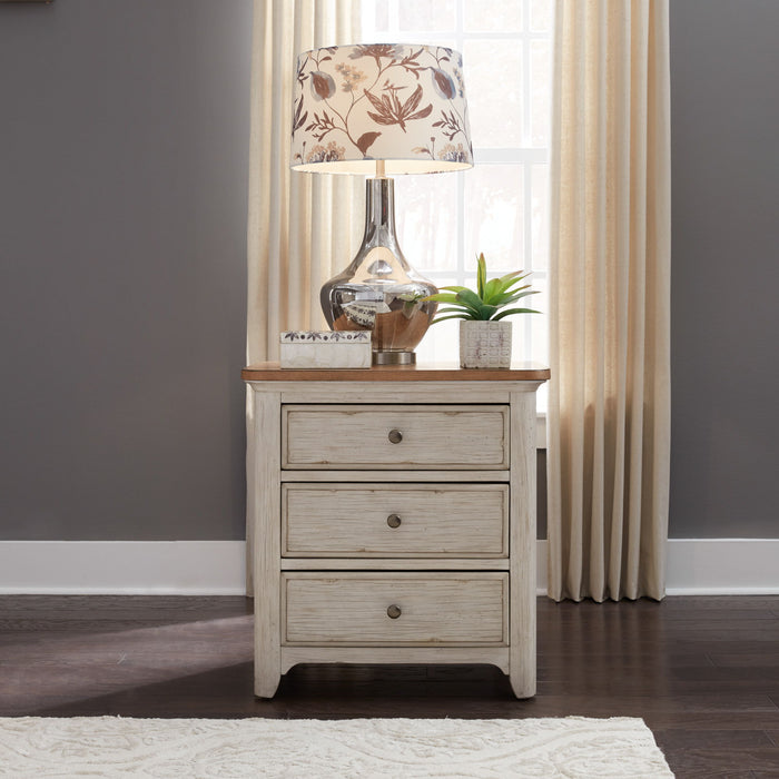 Farmhouse Reimagined - 3 Drawer Nightstand With Charging Station - Antique White / Chestnut Tops – Nightstands w/ Charging Stations by Liberty Furniture at Furniture Wholesale Plus , Nashville furniture store