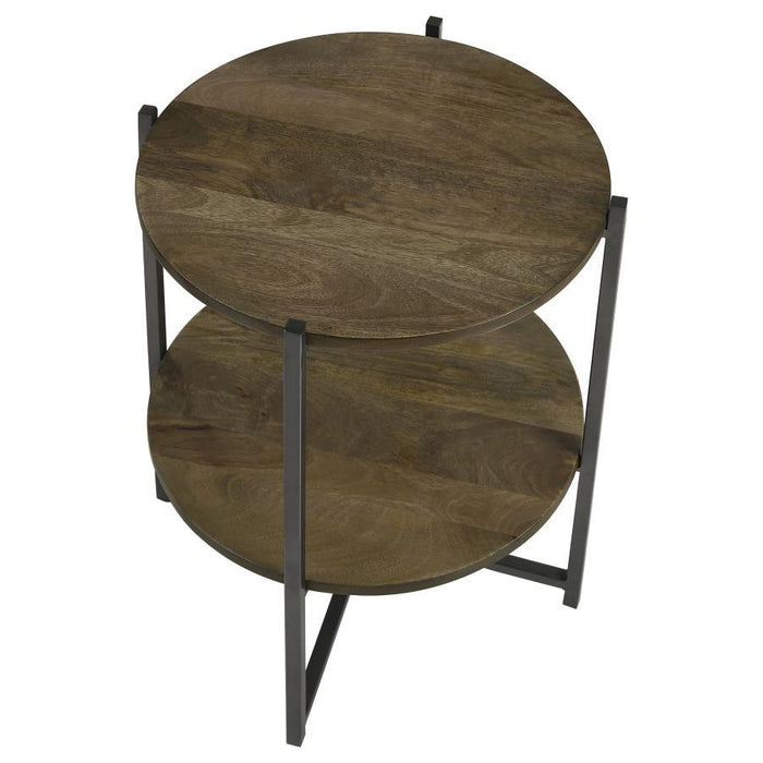 Axel - Round Accent Table With Open Shelf - Natural And Gunmetal – Accent Tables by CoasterEssence at Furniture Wholesale Plus , Nashville furniture store