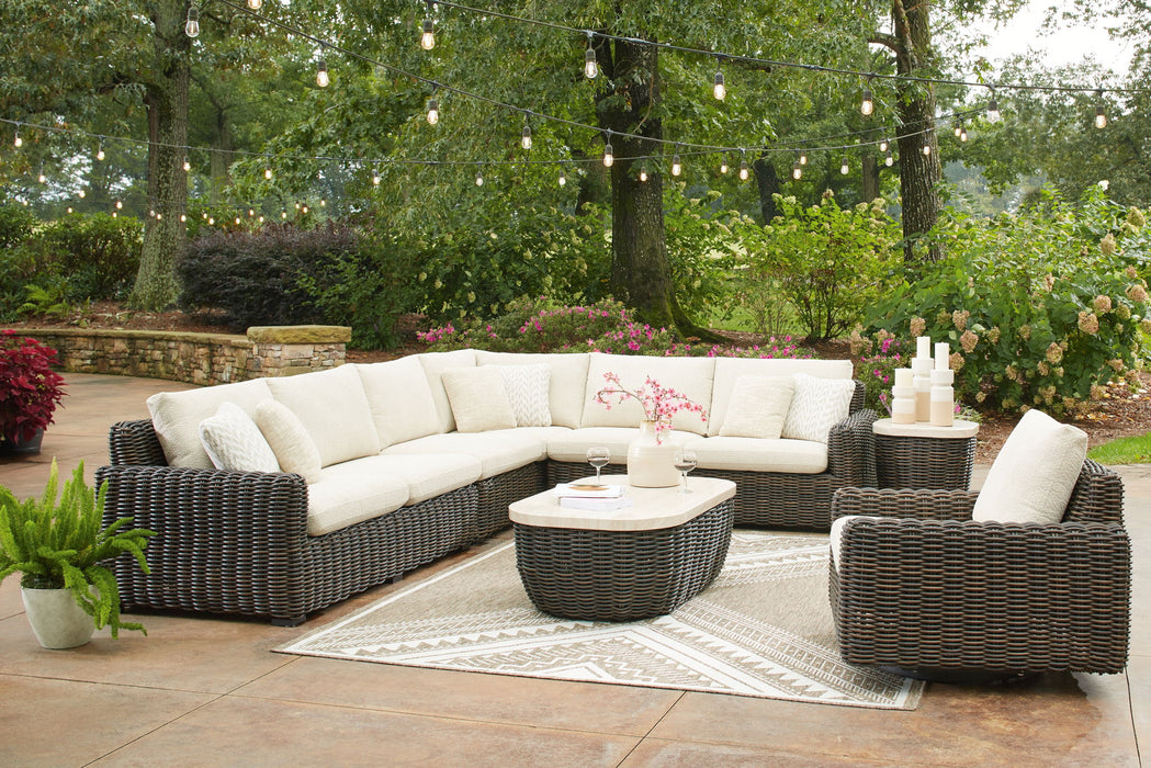 Kimora - Beige / Dark Brown - 7 Pc. - 4-Piece Outdoor Sectional, Swivel Glider Lounge, Cocktail Table, End Table - Premium 7 Piece Outdoor Sets from Signature Design by Ashley® - Just $5698! Shop now at Furniture Wholesale Plus  We are the best furniture store in Nashville, Hendersonville, Goodlettsville, Madison, Antioch, Mount Juliet, Lebanon, Gallatin, Springfield, Murfreesboro, Franklin, Brentwood