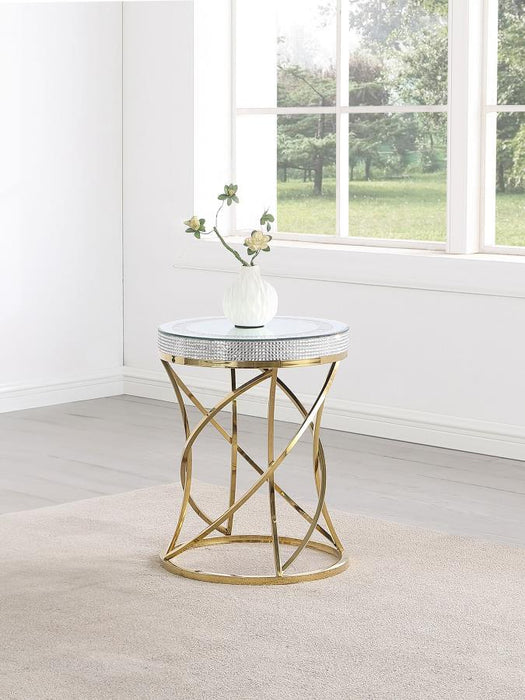 Elise - Round Mirror Top Stainless Steel End Table - Gold – End Tables by CoasterEveryday at Furniture Wholesale Plus , Nashville furniture store