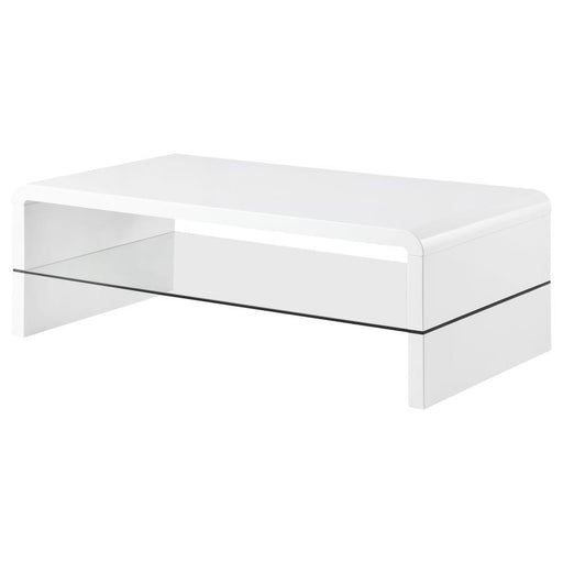 Airell - Rectangular Coffee Table With Shelf - White High Gloss - Premium Coffee Tables from CoasterEssence - Just $319! Shop now at Furniture Wholesale Plus  We are the best furniture store in Nashville, Hendersonville, Goodlettsville, Madison, Antioch, Mount Juliet, Lebanon, Gallatin, Springfield, Murfreesboro, Franklin, Brentwood