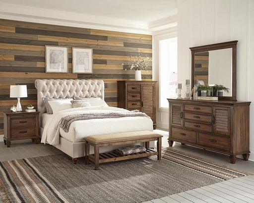 Devon 4-piece Upholstered Eastern King Bedroom Set Beige and Burnished Oak - Premium Bedroom Set from Coaster Z2 Standard - Just $2318! Shop now at Furniture Wholesale Plus  We are the best furniture store in Nashville, Hendersonville, Goodlettsville, Madison, Antioch, Mount Juliet, Lebanon, Gallatin, Springfield, Murfreesboro, Franklin, Brentwood