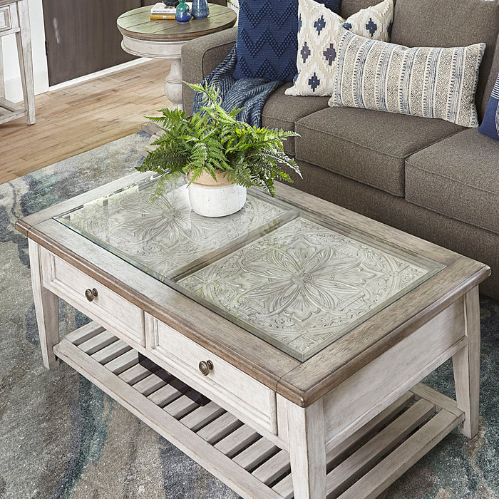 Heartland - Rect Ceiling Tile Cocktail Table - Antique White / Tobacco Tops – Cocktail Tables by Liberty Furniture at Furniture Wholesale Plus , Nashville furniture store