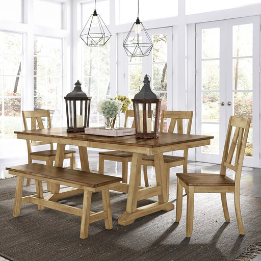 Lindsey Farm - 6 Piece Trestle Table Set - Natural & Brown – 6 Piece Dining Room Sets by Liberty Furniture at Furniture Wholesale Plus , Nashville furniture store