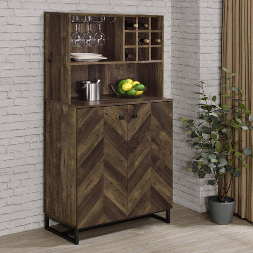 Mendoza - 2 Door Home Bar Cabinet Wine Storage - Rustic Oak - Premium Wine Cabinets from CoasterEveryday - Just $319! Shop now at Furniture Wholesale Plus  We are the best furniture store in Nashville, Hendersonville, Goodlettsville, Madison, Antioch, Mount Juliet, Lebanon, Gallatin, Springfield, Murfreesboro, Franklin, Brentwood
