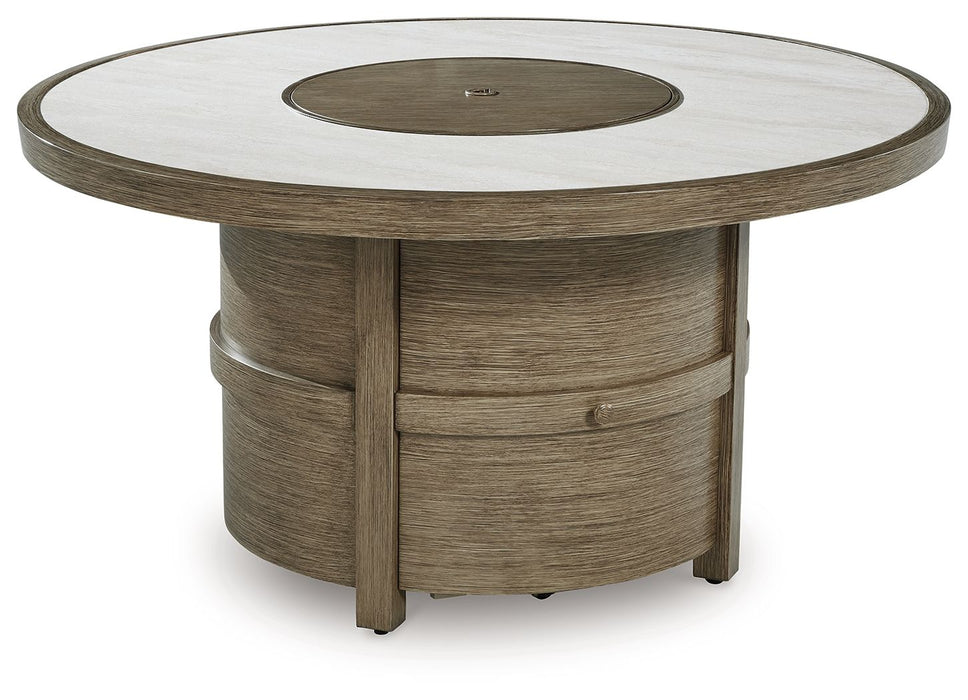 Rainier Ranch - Beige - Round Fire Pit Table - Premium Fire Pits from Signature Design by Ashley® - Just $1038! Shop now at Furniture Wholesale Plus  We are the best furniture store in Nashville, Hendersonville, Goodlettsville, Madison, Antioch, Mount Juliet, Lebanon, Gallatin, Springfield, Murfreesboro, Franklin, Brentwood
