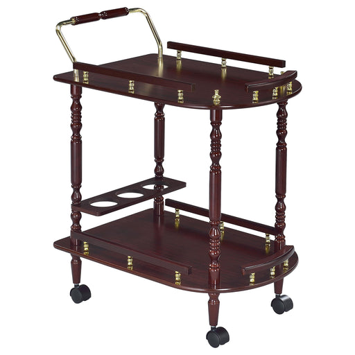 Palmer 2-tier Serving Cart Merlot and Brass - Premium Bar Cart from Coaster Z2 Standard - Just $74! Shop now at Furniture Wholesale Plus  We are the best furniture store in Nashville, Hendersonville, Goodlettsville, Madison, Antioch, Mount Juliet, Lebanon, Gallatin, Springfield, Murfreesboro, Franklin, Brentwood