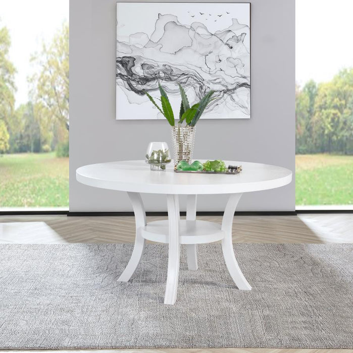 Judd - Round Dining Wood Table With Shelf - Pearl White – Dining Tables by Coaster Fine Furniture at Furniture Wholesale Plus , Nashville furniture store
