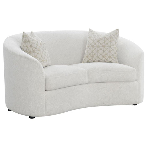 Rainn - Boucle Upholstered Sloped Arm Loveseat - Latte - Premium Stationary Loveseats from CoasterEssence - Just $1129! Shop now at Furniture Wholesale Plus  We are the best furniture store in Nashville, Hendersonville, Goodlettsville, Madison, Antioch, Mount Juliet, Lebanon, Gallatin, Springfield, Murfreesboro, Franklin, Brentwood