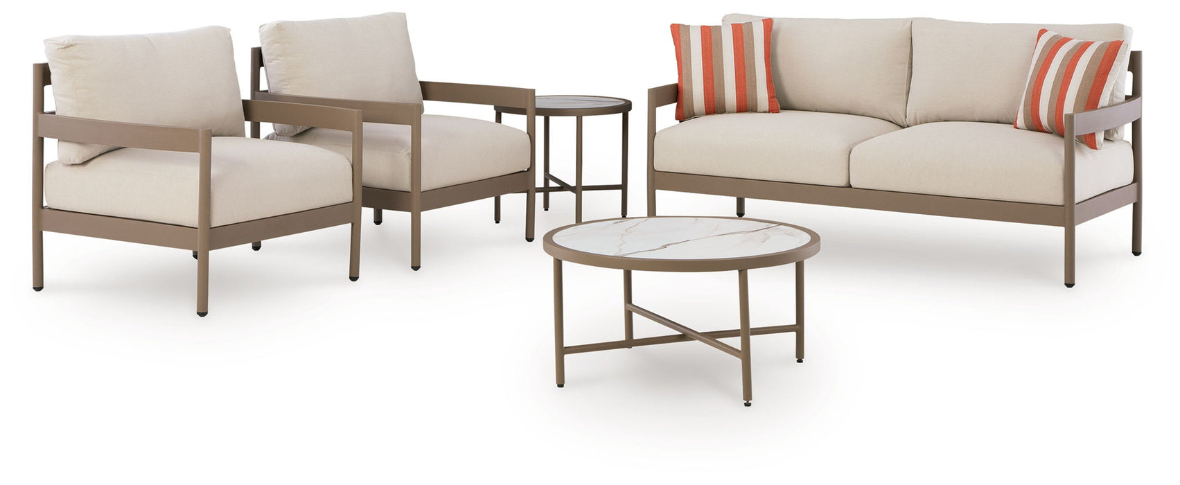 Bluff Trail - Loveseat, Lounge Chairs, Tables Set (Set of 5) - Beige – 5 Piece Outdoor Sets by Signature Design by Ashley® at Furniture Wholesale Plus , Nashville furniture store