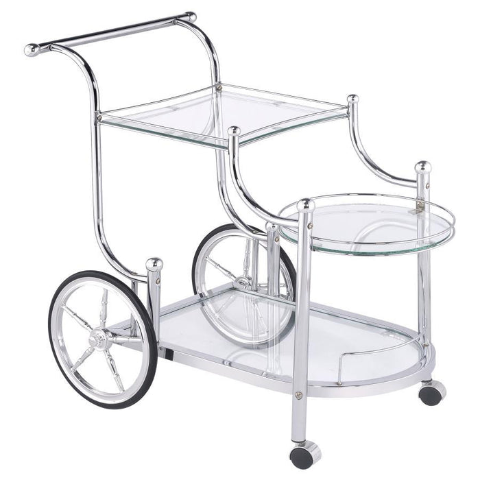 Sarandon - 3-Tier Glass Shelf Metal Bar Cart - Chrome - Premium Bar Carts from CoasterEveryday - Just $169! Shop now at Furniture Wholesale Plus  We are the best furniture store in Nashville, Hendersonville, Goodlettsville, Madison, Antioch, Mount Juliet, Lebanon, Gallatin, Springfield, Murfreesboro, Franklin, Brentwood